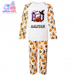 Personalised Halloween Pumpkin Print Long Raglan Sleeve Pyjamas